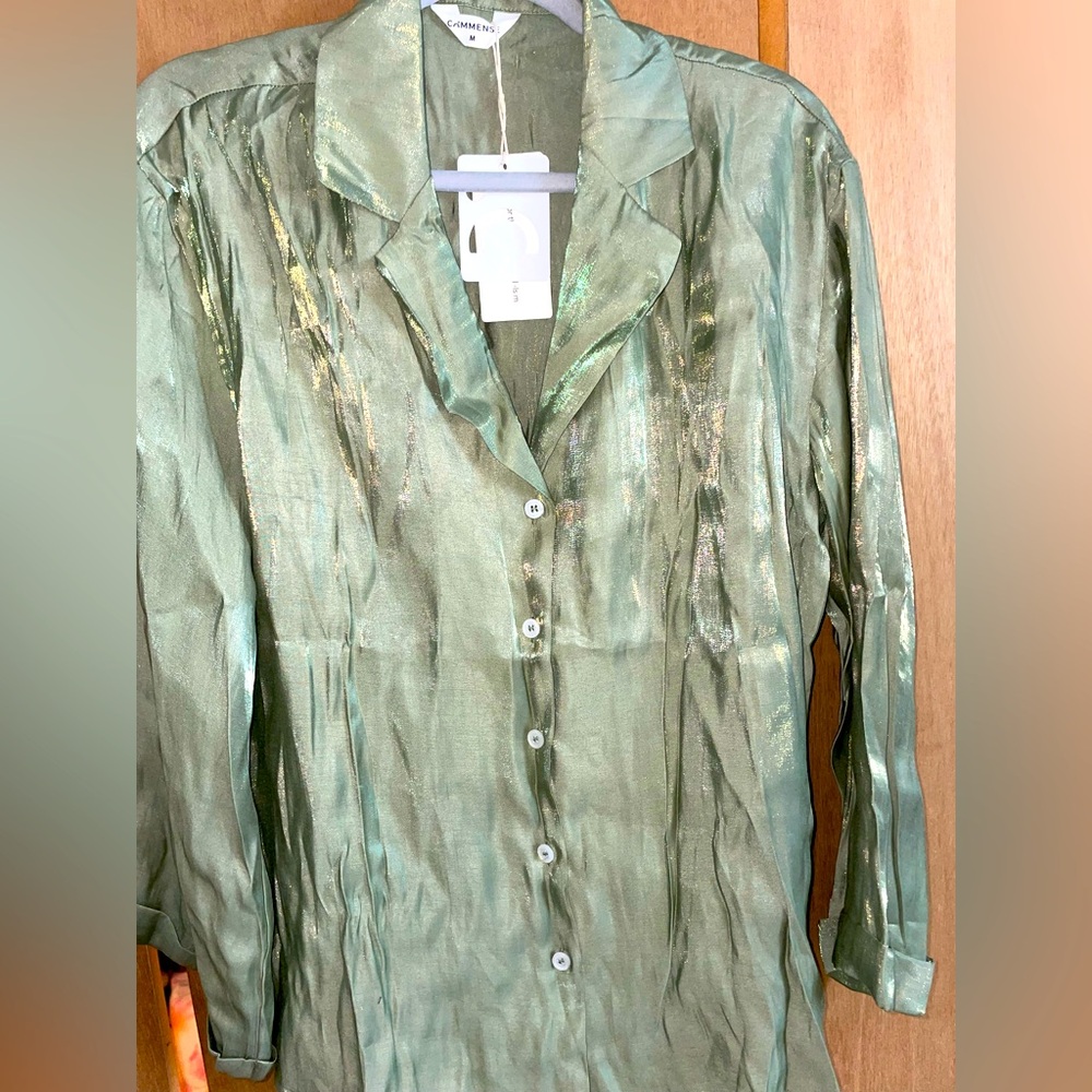 Commense Set Shimmering Green Button-Up Blouse and Pant